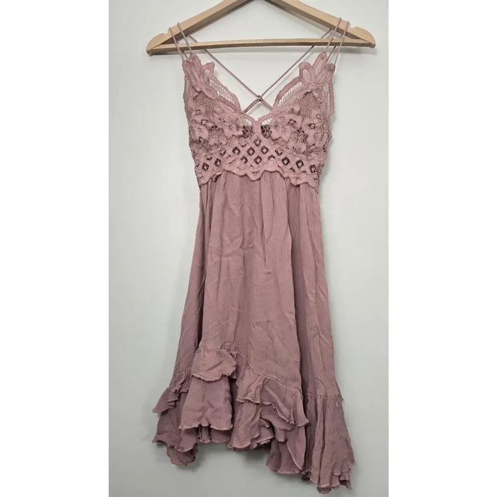 Free People Adella Lace Slip Mini Dress Size XS Pink Mauve - Picture 2 of 8